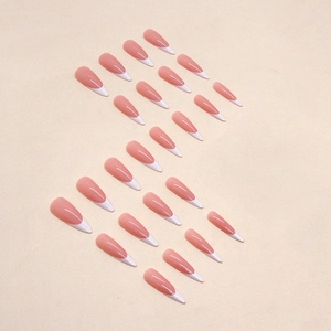 French tip long almond press-on nails in nude pink and white gloss finish