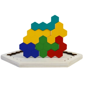 Colorful wooden hexagon tangram puzzle with geometric blocks for children's brain development