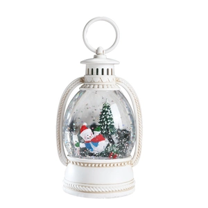 White LED Christmas lantern with snowman and tree figures, snow globe style decoration