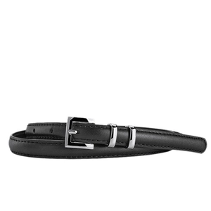 Minimalist black leather skinny belt for women with silver square buckle and stitching