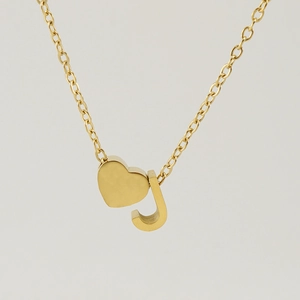 Collier minimaliste en acier inoxydable plaqué or 18K avec cœur et pendentif J