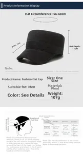 Detaillierte Größentabelle für Herren Flatcap aus Wolle mit Maßen für Umfang und Schirm