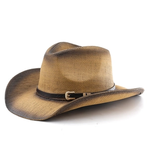 Classic Western straw cowboy hat with gradient brown tones and a black leather band
