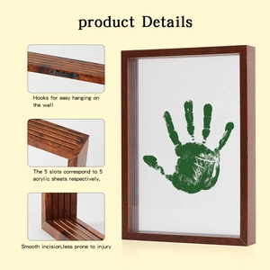 Vintage wooden shadow box frame for DIY handprint art with 5-slot acrylic glass display