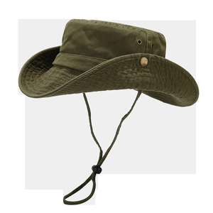 Detail of army green outdoor sun hat with metal air vents and adjustable wind rope