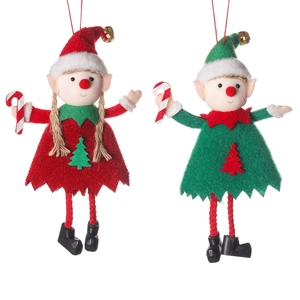 Hanging Christmas elf dolls in red and green felt with candy canes and bell decorations