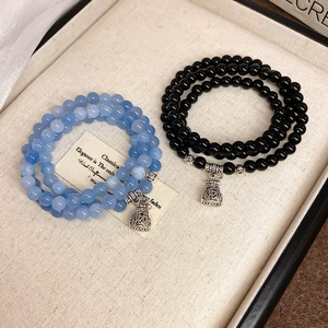 Vintage multi-layer beaded bracelet with blue chalcedony and black agate lucky charms