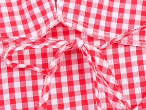 Nahaufnahme von rot-weißem Karo-Seersucker-Stoff mit schickem Schleifendetail