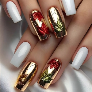 Press On Nails Long Coffin Shape Featuring 3D Maple Leaf Relief Gold Mirror And Artificial Pearl White Vintage Autumn Theme For Women