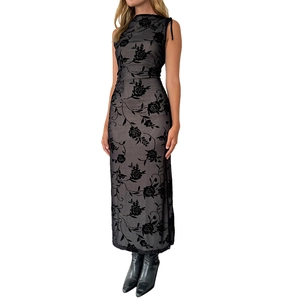Sleeveless black flocking mesh maxi dress with vintage rose patterns in a slim fit