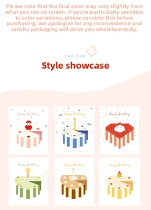 Detail showing six unique 3D pop-up birthday card designs with cute cake illustrations