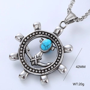 Macro detail of nautical rudder anchor pendant with turquoise stone, 42mm size and 20g weight