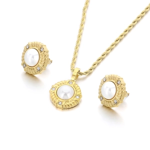 Elegant gold-plated stainless steel jewelry set with round pearl and rhinestone accents