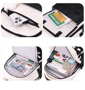 Detail view of the multi-compartment storage system in a lightweight school backpack