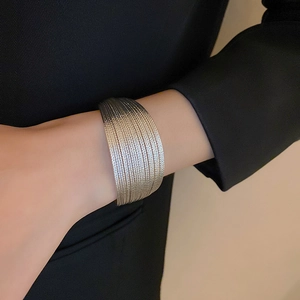 Silver multi-layer geometric open cuff bracelet with minimalist metallic textured design