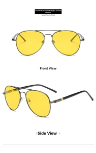 Detail view of aviator night vision glasses with gunmetal frames and yellow lenses