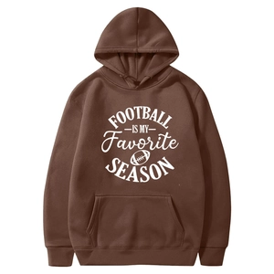 Brown fleece hoodie with drawstring and Football Is My Favorite Season letter print