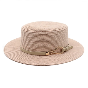 Beige flat top straw boater hat with leather strap and golden metal buckle for sun protection