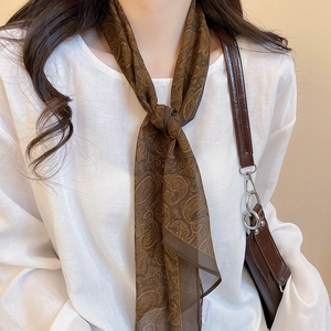 Detailed close-up of brown paisley silk scarf necklace on lightweight chiffon fabric