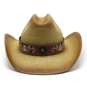 Chapeau De Cowboy En Paille Bord Large Protection Solaire Ethnique Bohème Broderie Florale Bande En Similicuir