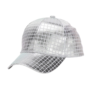 Detail of silver PU leather baseball cap featuring square grid texture and metallic finish