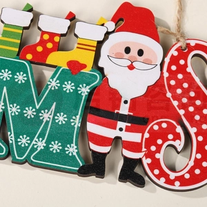 Detail of wooden Christmas hanging sign with Santa Claus, letters and colorful stockings