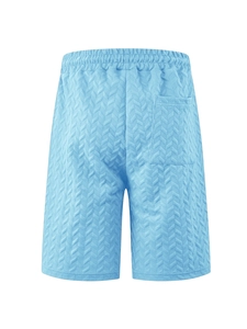 Detail view of light blue men's shorts showing jacquard fabric texture and back pocket