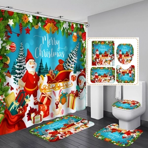 Christmas snowman bathroom set with waterproof curtain, bath mat, and toilet cover