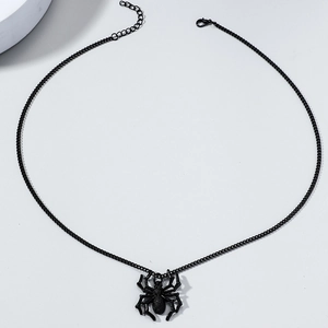 Detailed top view of a black gothic spider pendant necklace with adjustable lobster clasp