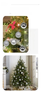Detail of silver Christmas balls with shiny, matte and glitter textures on a green tree