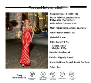 Detail of red fishtail slip dress with lace stitching and fabric specification table