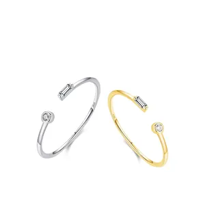 S925 sterling silver adjustable open ring with round and baguette cubic zirconia stones