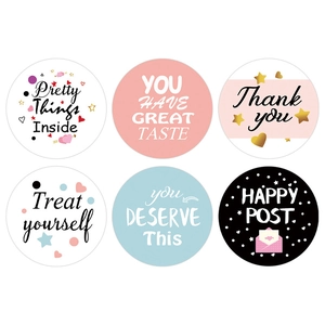 Set of 6 aesthetic round thank you stickers with Pretty Things Inside and Happy Post text