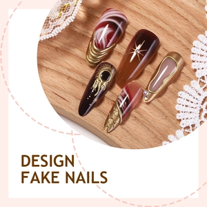 Luxurious brown press-on nails with 3D gold accents and marble leopard pattern