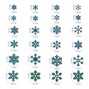 Detailed size chart showing 24 blue glitter snowflake stickers in three varied dimensions