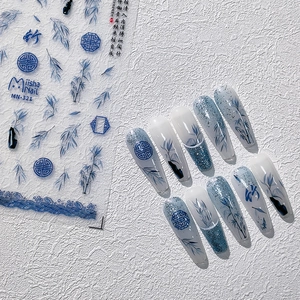 Nail Art Stickers Embossed Chinese Ink Style Blue Bamboo Leaf Pattern Self Adhesive Elegant Manicure Decor For Women