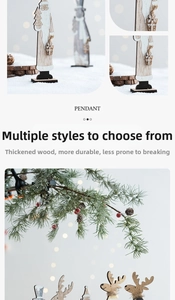Close-up of thick wooden Christmas pendants with reindeer and Santa designs on snow