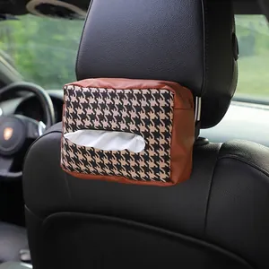Knitted houndstooth car tissue holder with brown leather and adjustable headrest strap