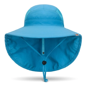 Light blue kids wide brim sun hat with neck protection flap and breathable mesh