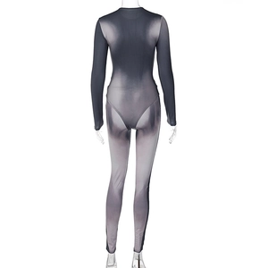 Rear view of slim fit long sleeve jumpsuit featuring grey gradient optical illusion print