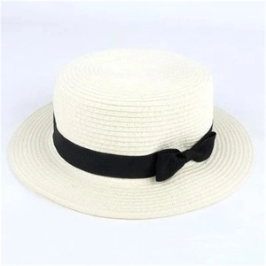 Chic beige straw boater hat with black ribbon bow for women's summer sun protection
