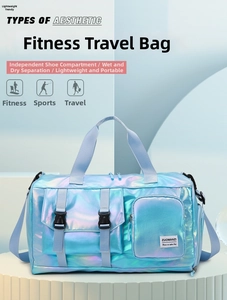 Detail of the pearlescent blue fitness bag showing the waterproof fabric and handle