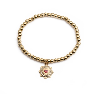 Gold beaded bracelet with octagonal star heart pendant and red zircon stone