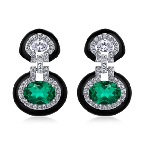 Art Deco S925 silver emerald earrings with black enamel geometric frame and halo diamonds