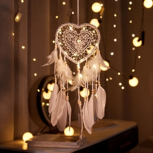 White lace heart dream catcher with LED lights and soft feathers for home decor