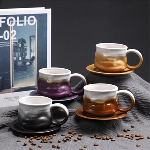 Detailed view of four handmade ceramic coffee cup sets with unique gradient textures