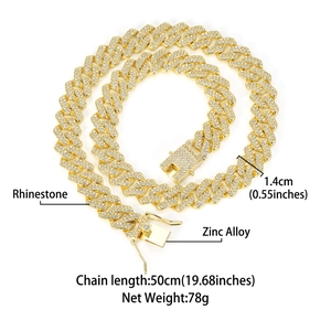 14mm golden diamond-cut cuban link chain necklace with rhinestones in zinc alloy