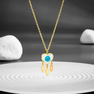 Golden heart necklace with blue evil eye pendant and three delicate feather charms