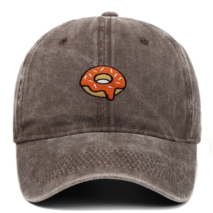 Brown washed cotton baseball cap with donut embroidery and curved brim for sun protection