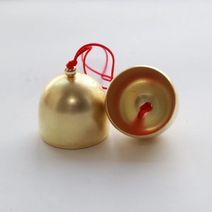 Set of 2cm mini gold metal Christmas bells with red cords for DIY festive holiday decoration